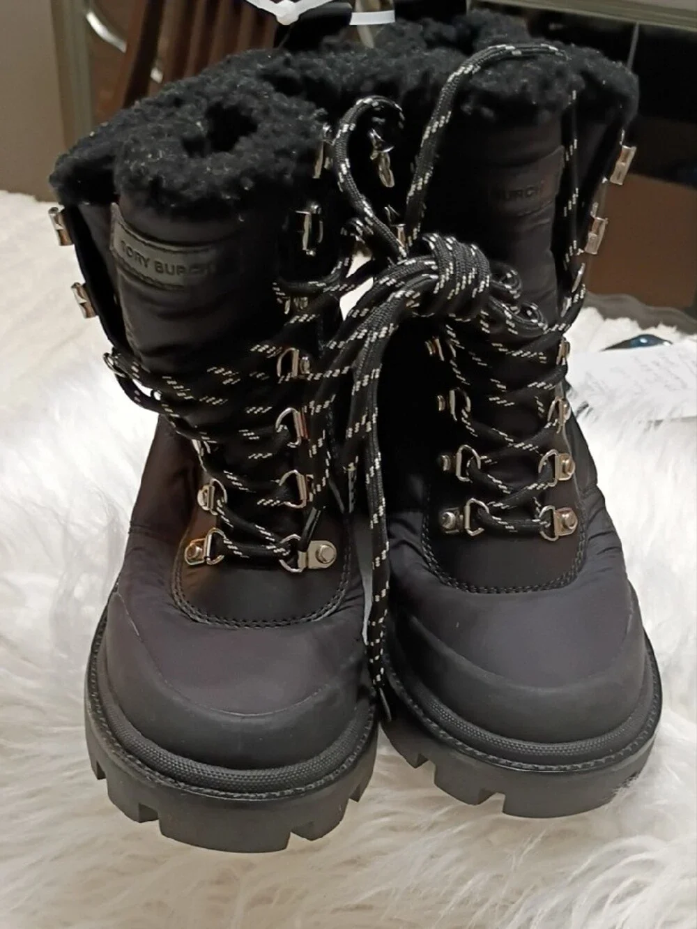 New Tory Burch Gressame Generation Black Quilted Faux-Fur Lug Sole Winter Boots